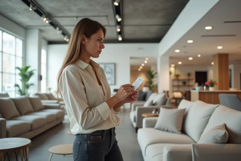 Femme examinant une étiquette de promotion sur un canapé dans un magasin de meubles Poltronesofa lors des soldes 2026