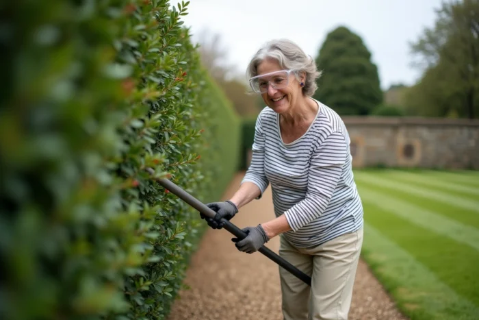 Femme âgée d'une cinquantaine d'années utilisant un taille-haie télescopique pour entretenir une haute haie de charme dans un jardin rural