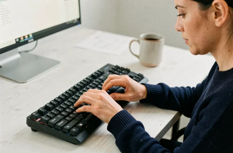 Femme utilisant la touche Home d'un clavier AZERTY mécanique dans un bureau à domicile moderne