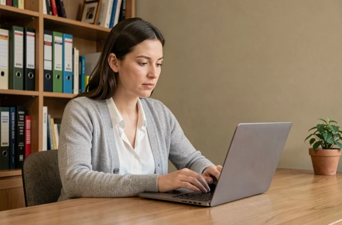 Femme connectée à son webmail académique de Versailles sur un ordinateur portable dans un bureau à domicile