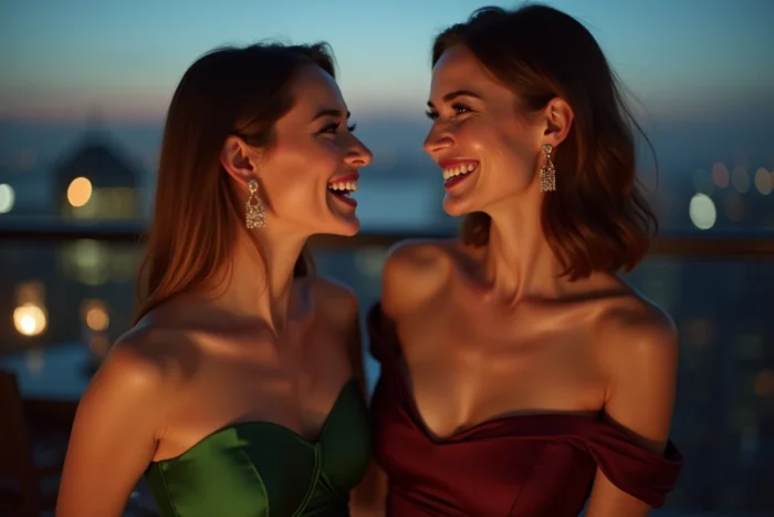 Deux femmes aux yeux hazel complices lors d'un événement élégant en rooftop, portrait mode beauté éditorial