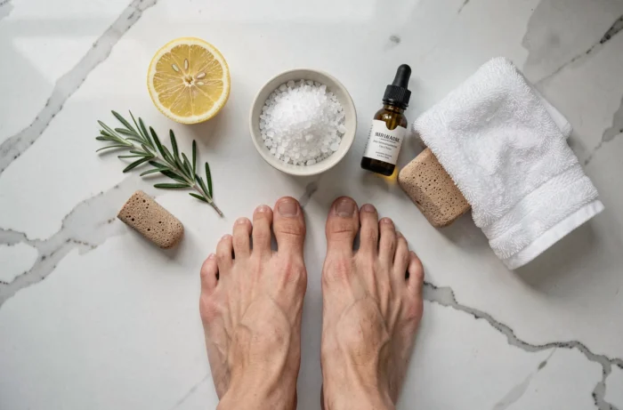 Flat lay de soins naturels pour les pieds avec sel marin, citron, huile essentielle d'arbre à thé et pierre ponce sur marbre blanc
