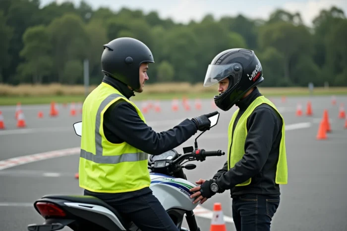 Moniteur d'auto-école expliquant le fonctionnement d'une moto 125 à un élève sur circuit
