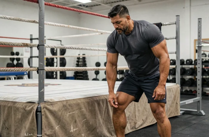 Athlète de catch à la stature imposante s'échauffant près d'un ring professionnel dans une salle d'entraînement