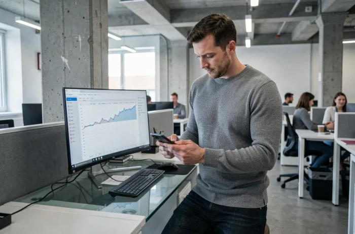 Entrepreneur masculin gérant ses opérations bancaires professionnelles sur smartphone dans un espace de coworking moderne