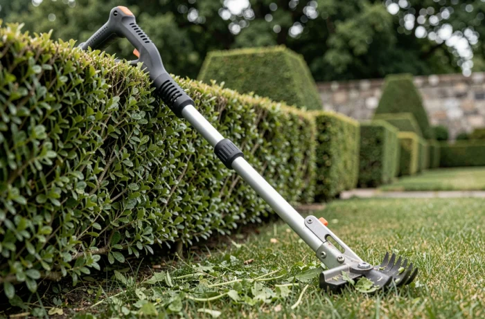 Gros plan d'un taille-haie télescopique appuyé contre une haie de buis fraîchement taillée dans un jardin formel avec topiaires