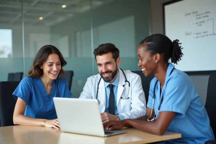 Groupe de professionnels de la santé et du bien-être collaborant autour d'un portail numérique en salle de réunion