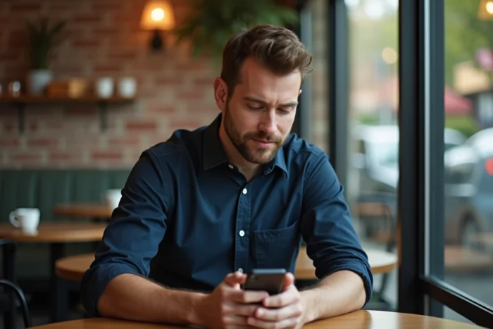 Homme consultant son smartphone dans un café pour utiliser une application de discussion en ligne sécurisée en remplacement de Bounty Chat