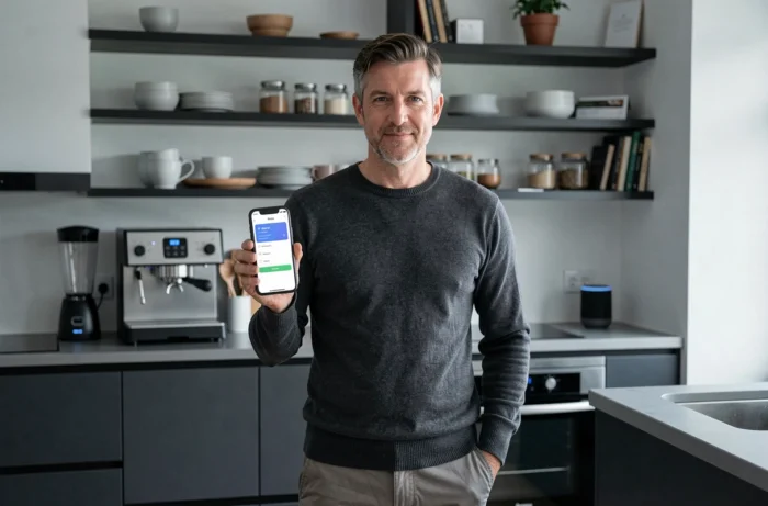 Homme consultant une application de maison connectée sur smartphone dans une cuisine domotique moderne