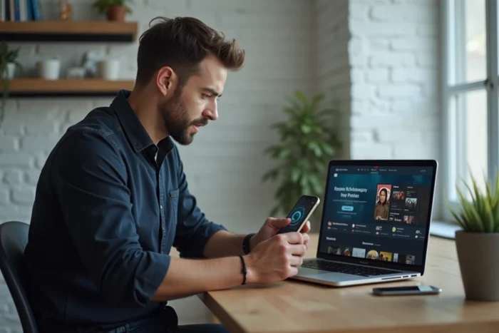 Homme comparant les prix des abonnements Netflix sur ordinateur portable et smartphone dans un bureau moderne