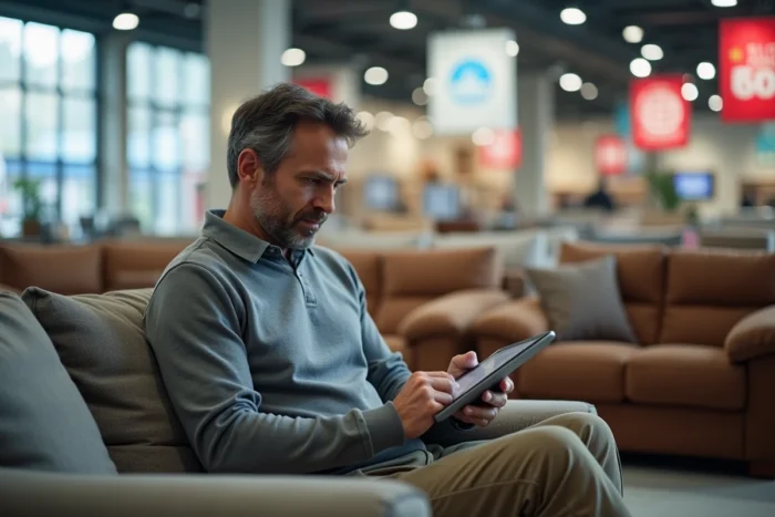 Homme assis sur un canapé en magasin comparant les promotions Poltronesofa sur une tablette numérique