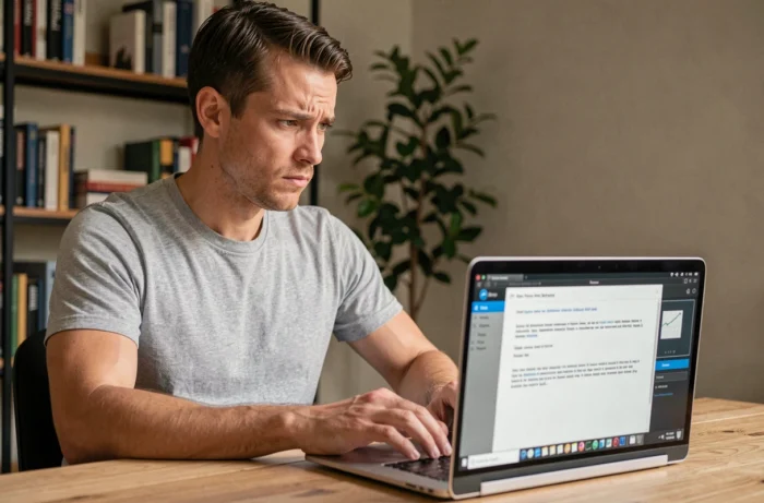 Homme frustré devant un ordinateur portable affichant une erreur de logiciel de scan Epsilon