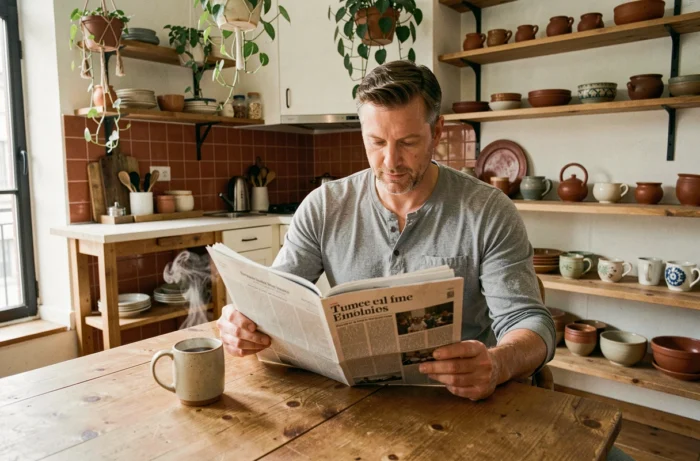 Homme lisant le journal du matin autour d'un café dans une cuisine moderne et chaleureuse