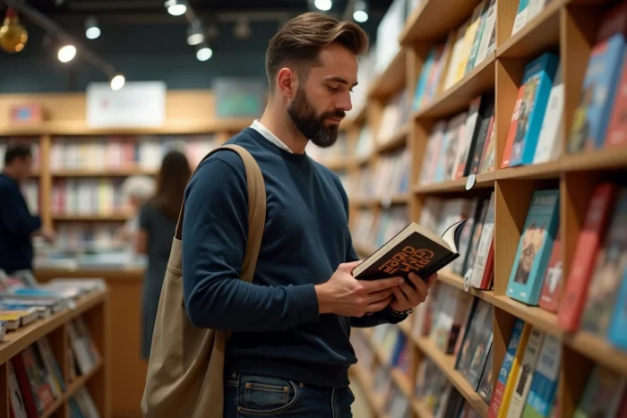 Homme feuilletant un guide de voyage dans une librairie spécialisée, entouré de rayons de livres colorés dédiés aux voyages et aux aventures
