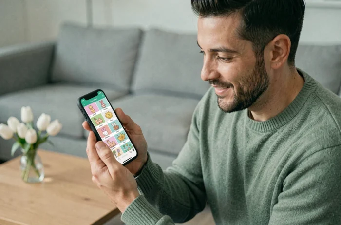 Homme souriant tenant un smartphone affichant des gifs animés Pâques 2026 sur une application de messagerie