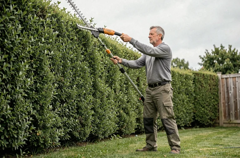 Homme utilisant un taille-haie télescopique pour tailler une haute haie de troène dans un jardin suburban bien entretenu