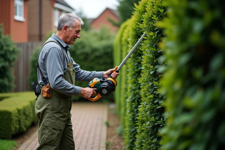 Homme utilisant un taille-haie télescopique pour tailler une haie de buis dans un jardin de banlieue