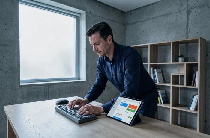 Homme en télétravail optimisant du contenu web avec un outil de comptage de caractères sur tablette