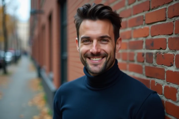 Homme aux yeux noisette expressifs en portrait urbain automnal, style éditorial magazine masculin