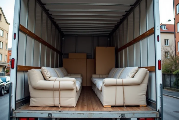 Intérieur d'un camion de déménagement chargé de meubles emballés et de cartons sécurisés avec des sangles