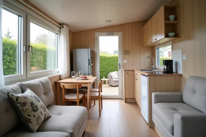 Intérieur chaleureux d'un mobil-home en Vendée avec salon cuisine équipé et vue sur la terrasse extérieure