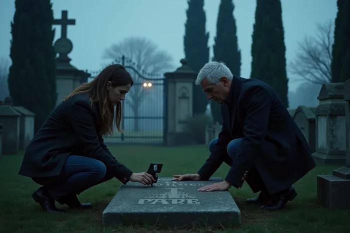Deux enquêteurs examinant une pierre tombale dans un cimetière français brumeux lors d'une investigation paranormale