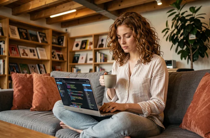 Jeune femme consultant un compteur de caractères pour l'optimisation SEO de métadonnées dans un espace coworking
