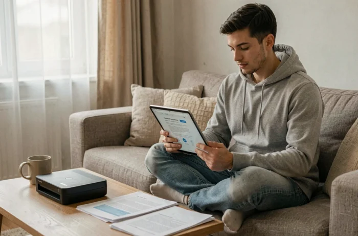 Jeune homme consultant un guide de dépannage pour Epsilon Scan sur une tablette dans son salon