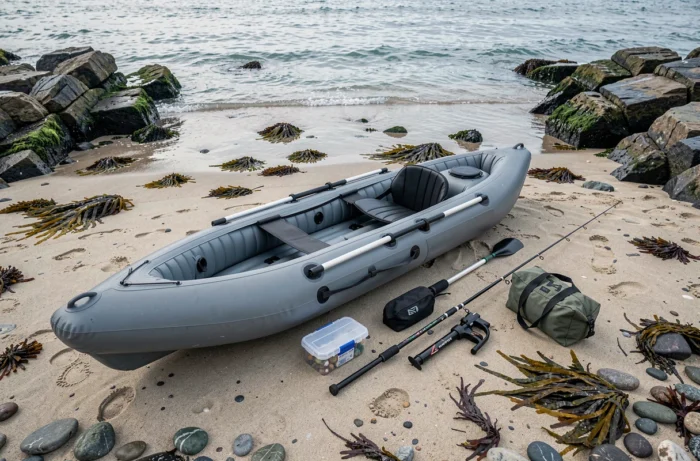 Kayak gonflable de pêche déployé sur une plage avec équipement de pêche en mer disposé autour