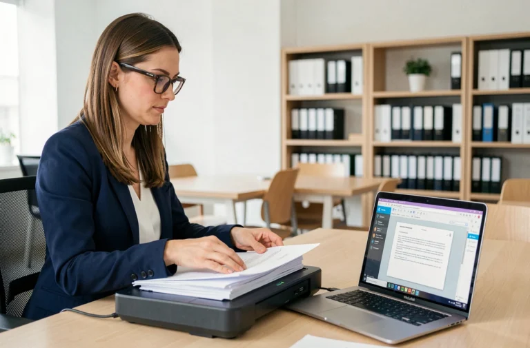 Professionnelle utilisant un logiciel de numérisation de documents sur ordinateur portable dans un bureau moderne