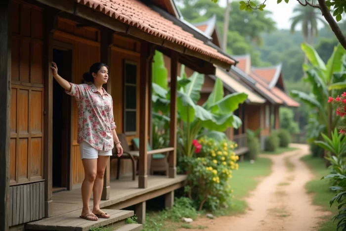 Une femme inspecte une petite maison traditionnelle thaïlandaise en bois entourée de végétation tropicale dans un village rural