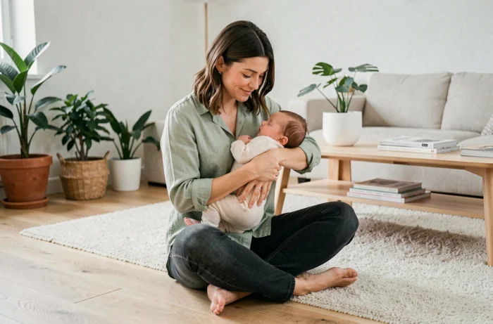 Jeune maman tenant son bébé endormi dans un salon moderne au style scandinave, ambiance douce et naturelle