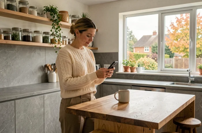 Maman consultant son téléphone dans une cuisine moderne et chaleureuse, cherchant des conseils parentaux en ligne