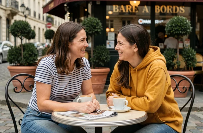 Deux mamans partageant un moment convivial en terrasse de café, échangeant sur les tendances et conseils pour les parents