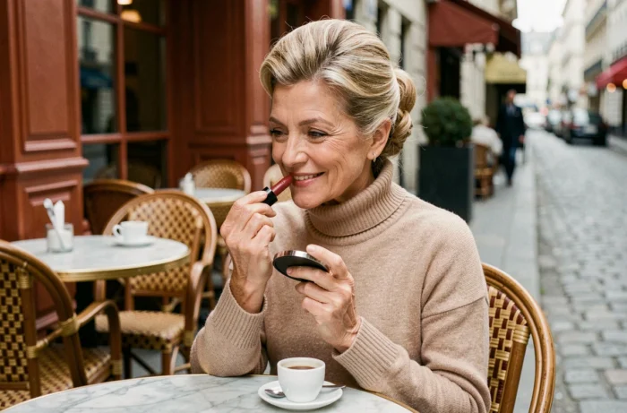 Femme distinguée de 75 ans avec un rouge à lèvres bordeaux se regardant dans un miroir de poche dans un café parisien en terrasse