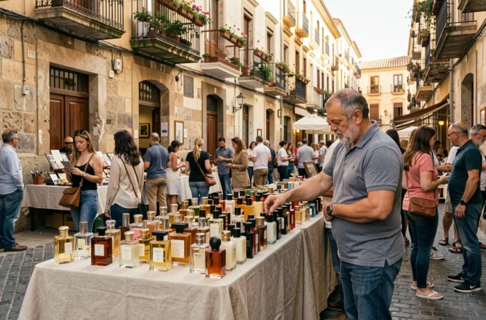 Étal de parfums à prix réduits sur un marché en plein air dans une vieille ville espagnole