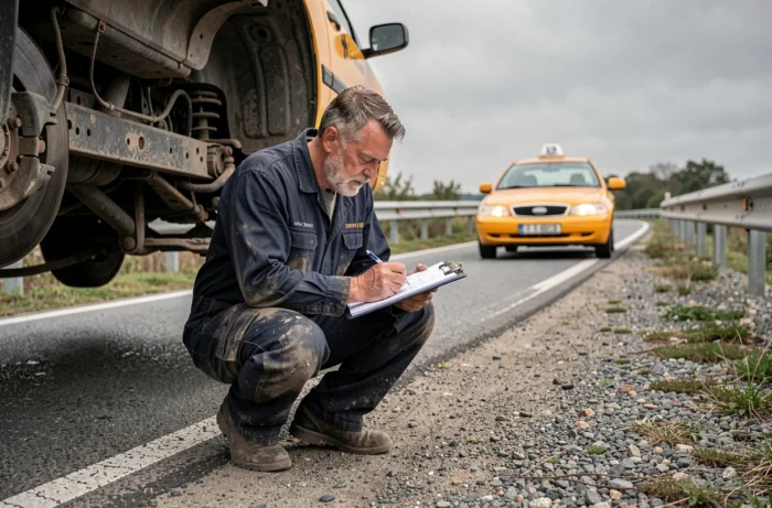 Mécanicien en bleu de travail remplissant un bon de prise en charge sur le bord de la route avec un taxi visible en arrière-plan