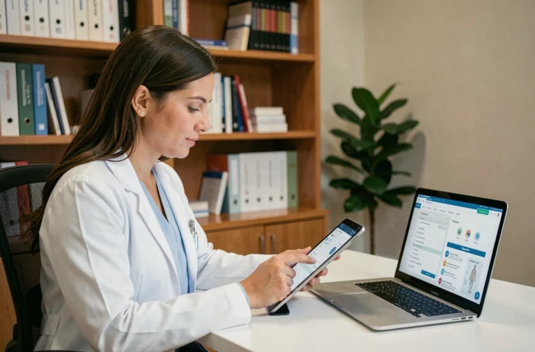 Médecin généraliste consultant un logiciel de gestion médicale sur tablette dans son cabinet professionnel