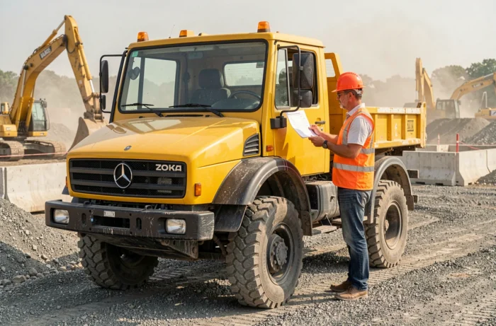 Mercedes Unimog jaune sur chantier de construction avec opérateur consultant les spécifications techniques et tarif