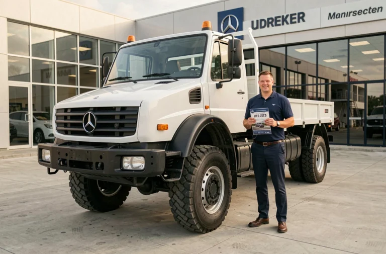 Vendeur professionnel présentant un Mercedes Unimog blanc dans une concession avec brochure de prix neuf