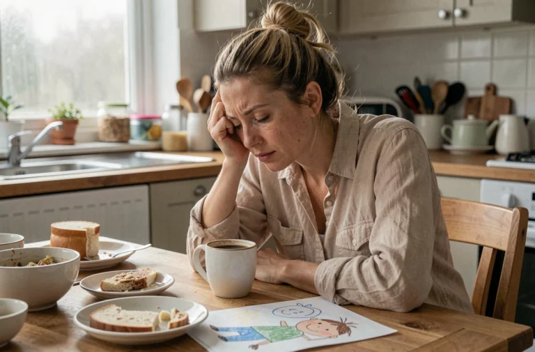 Mère épuisée assise à la table de cuisine, illustrant les difficultés parentales du quotidien