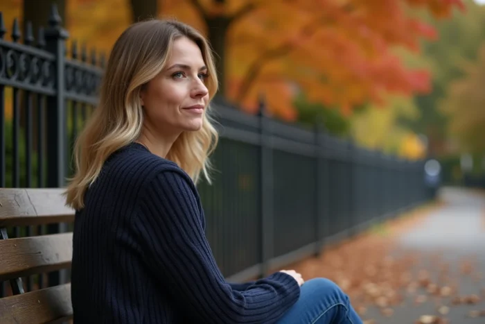 Mère assise dans un parc automnal préservant l'intimité de sa vie de famille loin des médias