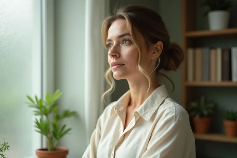 Femme mère protégeant l'intimité de sa famille dans un intérieur chaleureux et discret