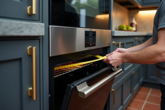 Homme mesurant un four encastré intégré dans un meuble colonne de cuisine contemporaine