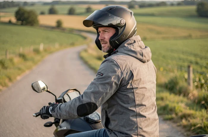 Motard en veste textile grise roulant sur une Honda CB500X sur une route rurale sinueuse en campagne, vue arrière dynamique