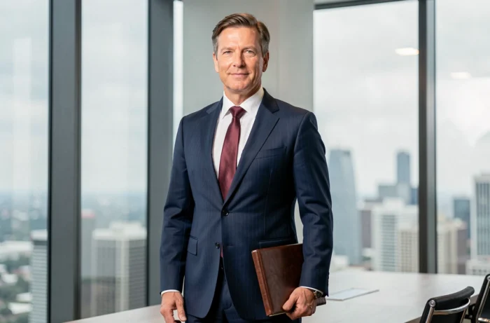 Dirigeant de l'industrie cosmétique en costume bleu marine dans une salle de réunion moderne avec vue sur la ville, portrait éditorial d'un leader discret et influent