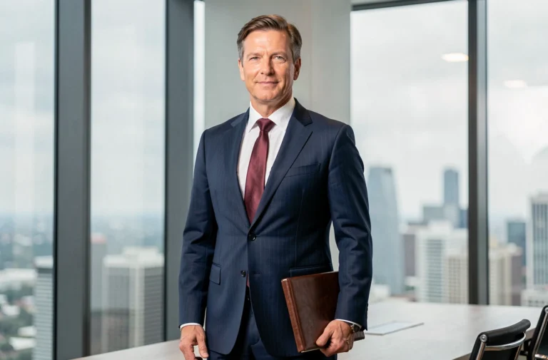 Dirigeant de l'industrie cosmétique en costume bleu marine dans une salle de réunion moderne avec vue sur la ville, portrait éditorial d'un leader discret et influent