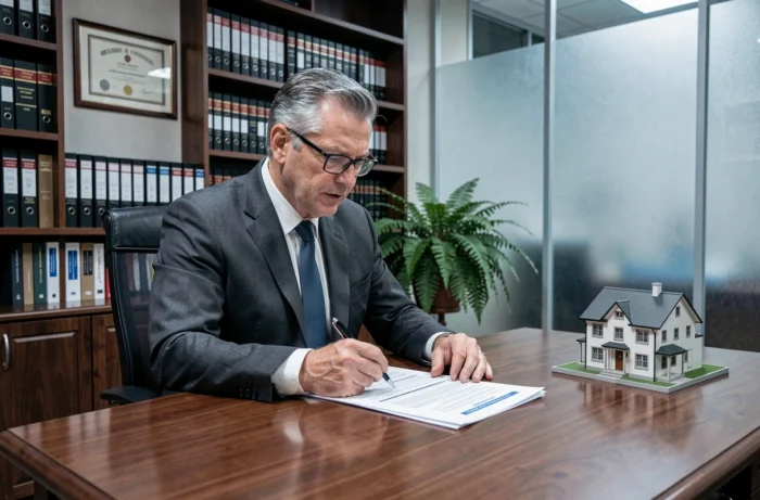 Notaire examinant un contrat immobilier dans un bureau professionnel avec des documents de vente