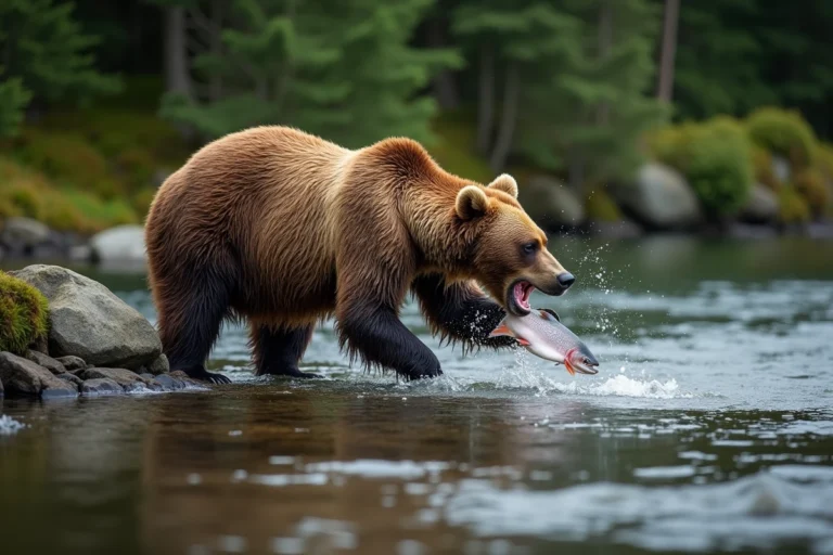 Ours brun omnivore attrapant un saumon dans une rivière rocheuse en forêt