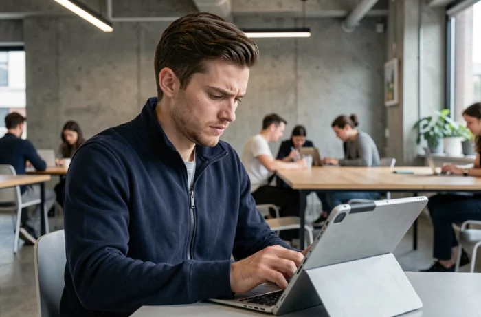 Jeune adulte configurant les paramètres de messagerie webmail dans un espace de coworking à Toulouse